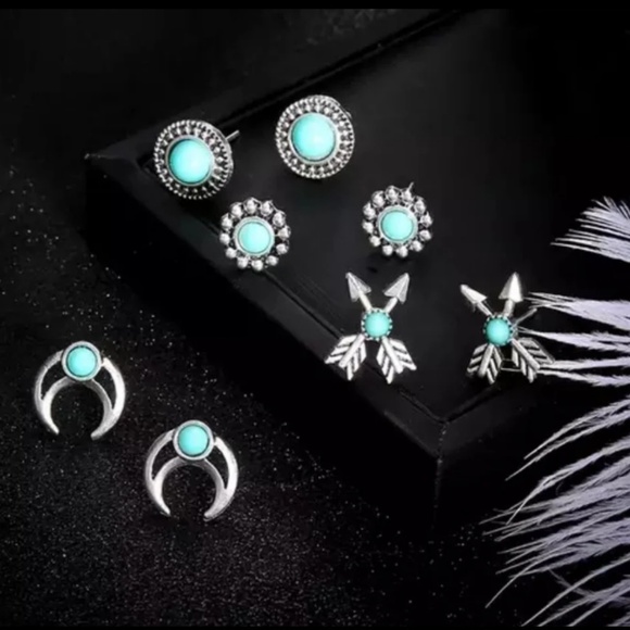 NEW 4 Pair of Silver & Turquoise Hypoallergenic Stud Earrings - Picture 2 of 7